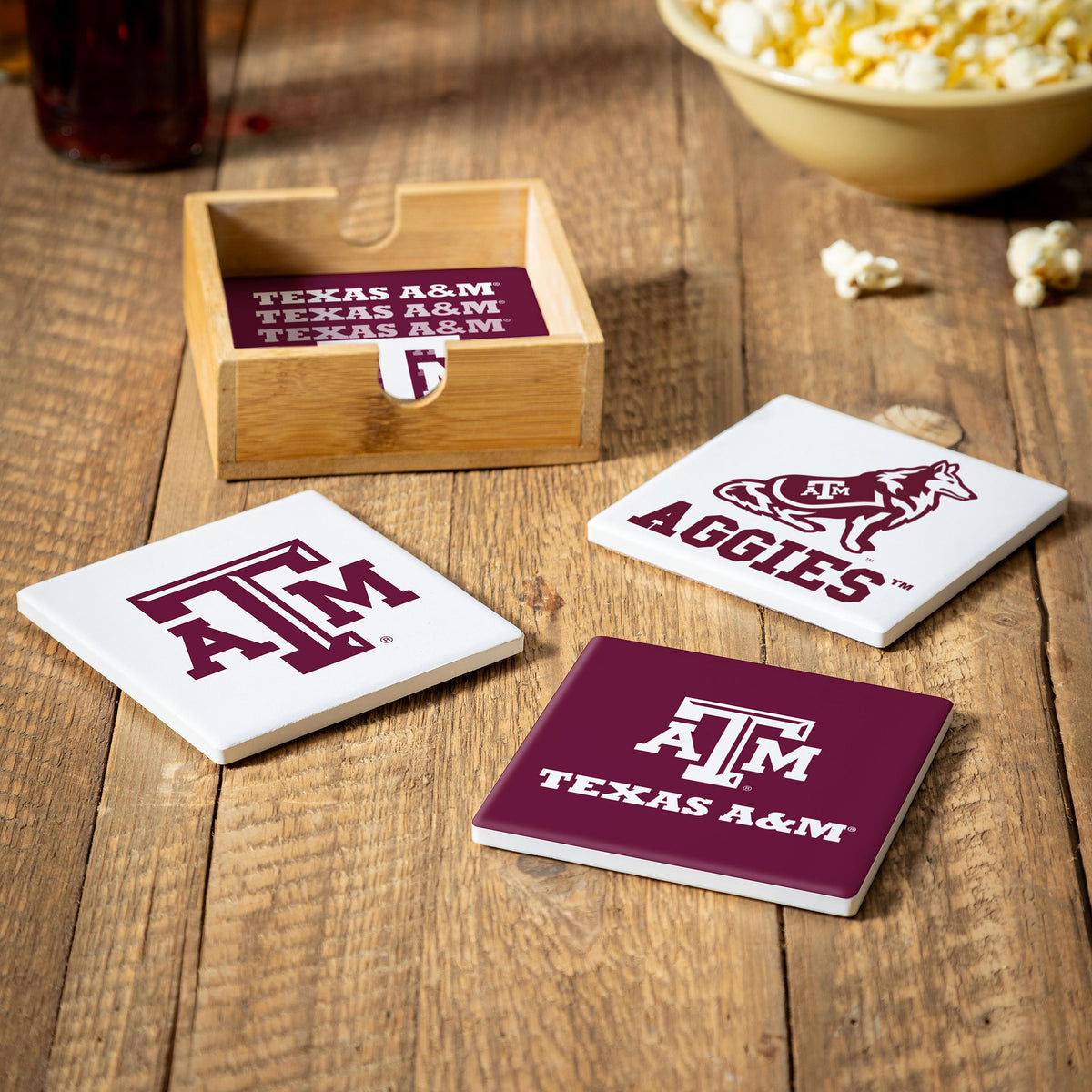 Texas A&M Ceramic Coasters Set, 4pcs with Wood Caddy – Team Sports America