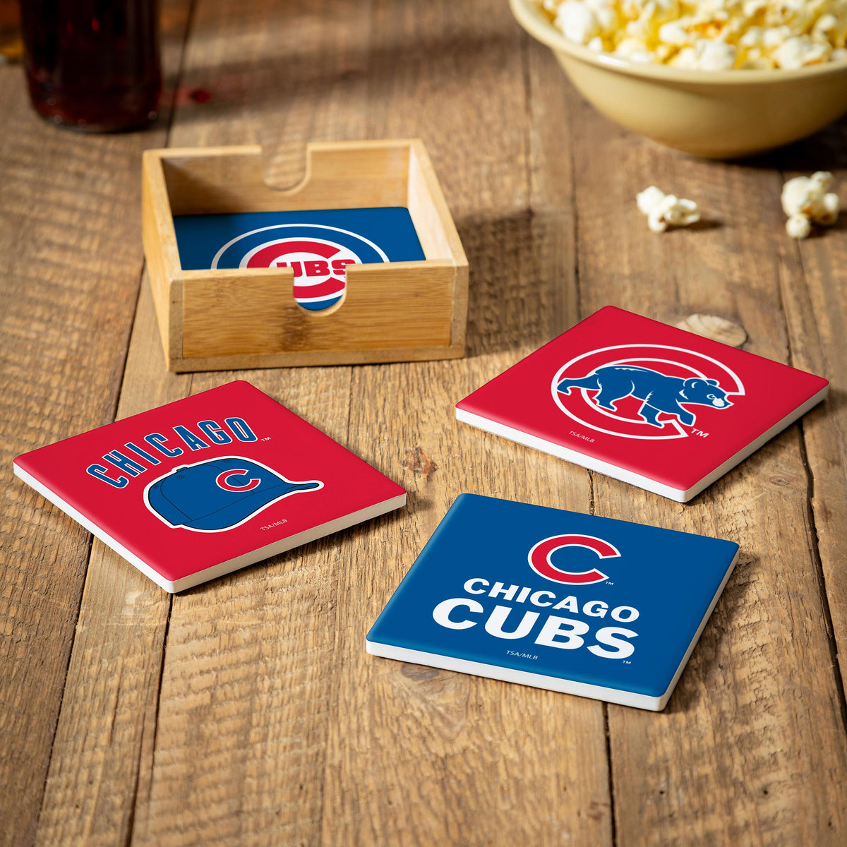 Chicago Cubs Ceramic Coasters Set, 4pcs with Wood Caddy – Team Sports ...