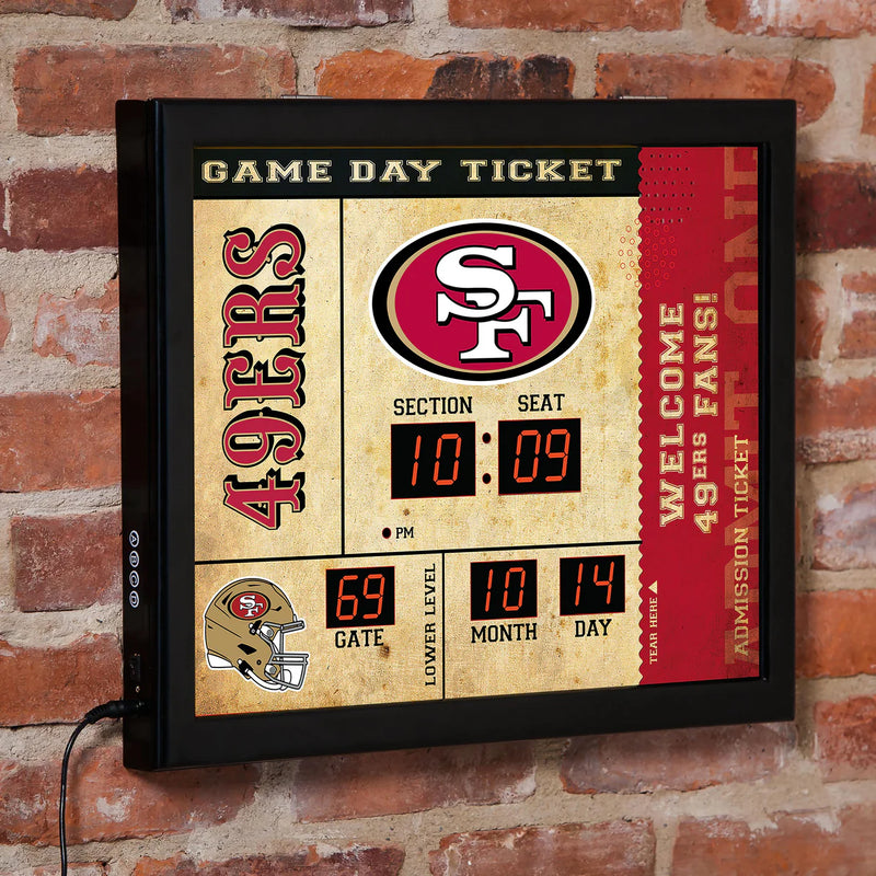 San Francisco 49ers scoreboard clock on a brick wall